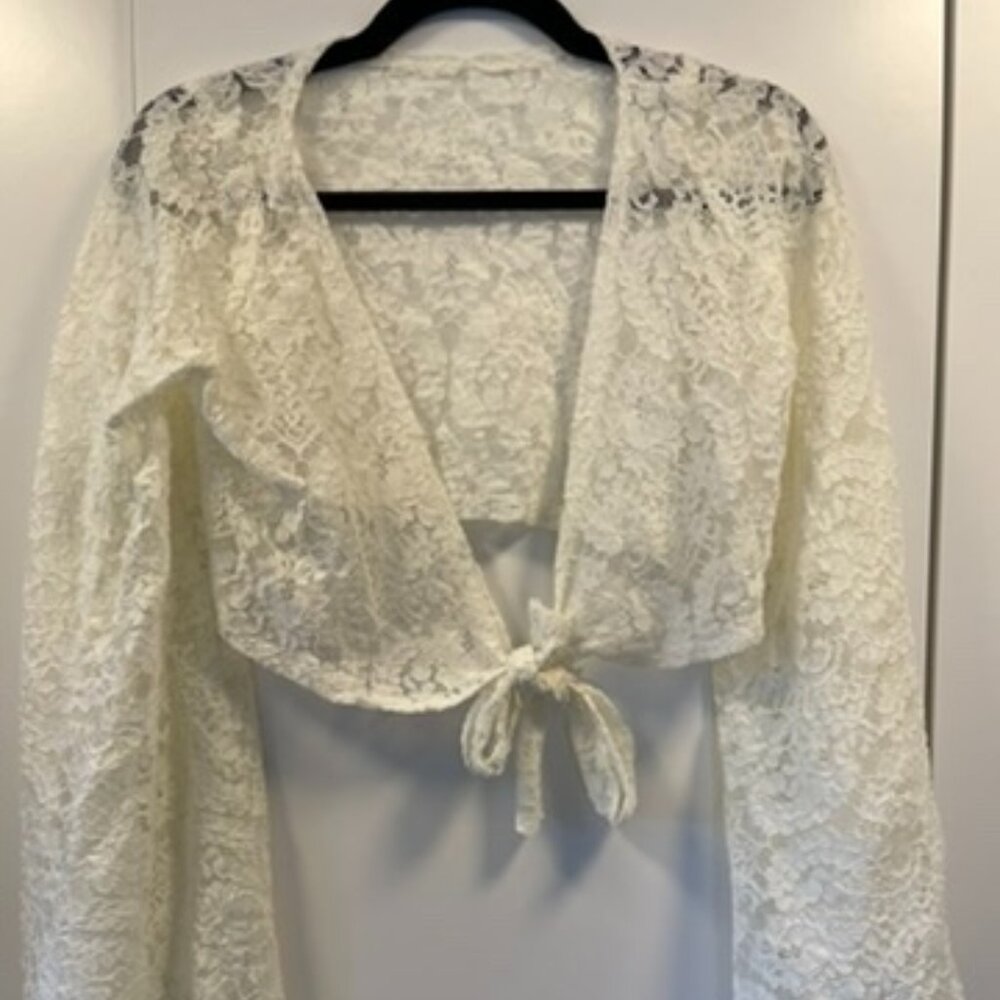 Ivory Sheer Lace Tie Top with Bell Sleeves – Festival / Burning Man
